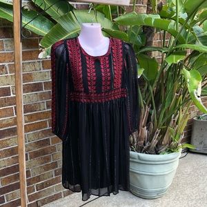 Zara Black, Silver Threads Boho Dress w/Red Detail